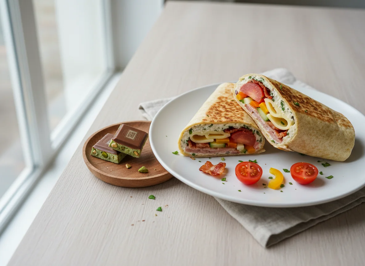 Wrap mit Speck, Gemüse und Frischkäse, dazu Schokolade photo