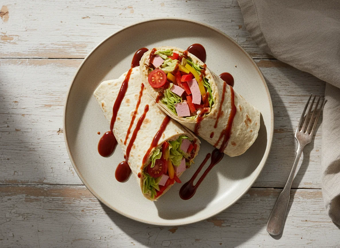 Wrap mit Wurstsalat und Sauce photo