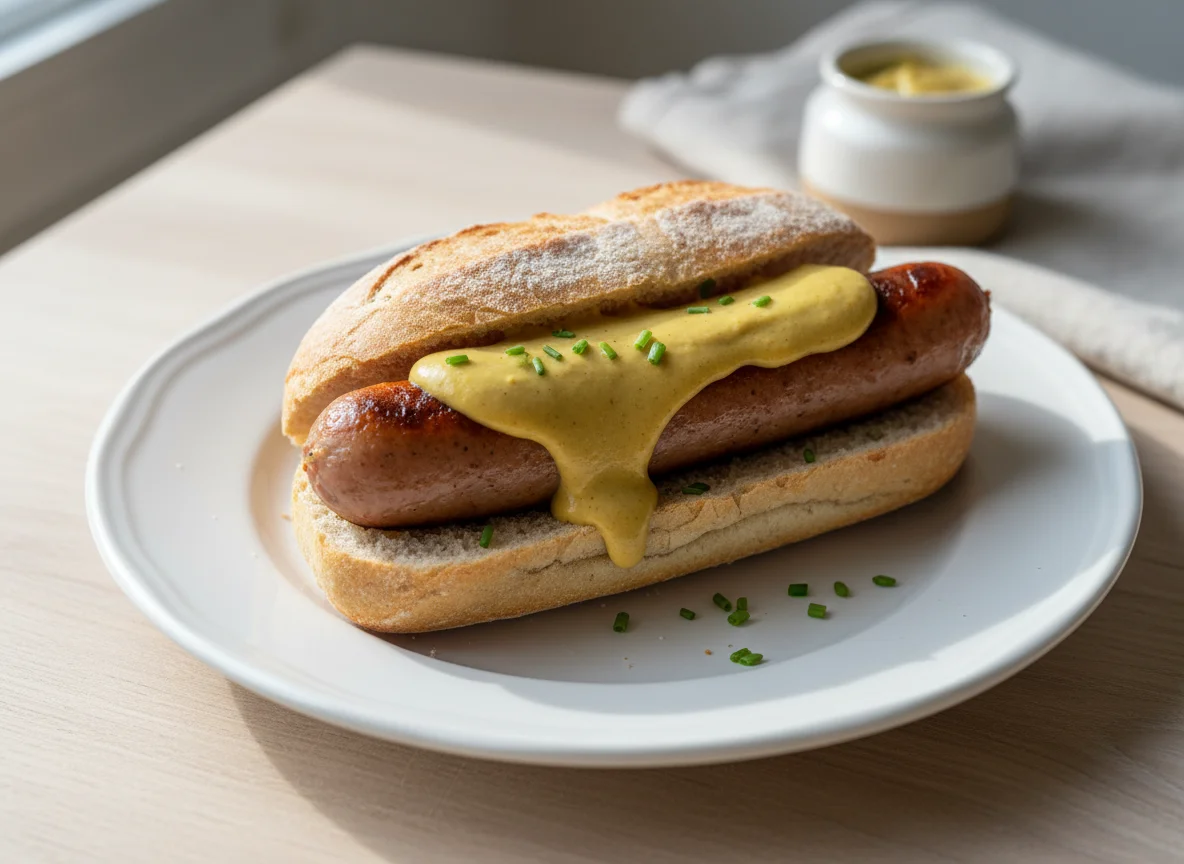 Wurst im Brötchen mit Senf photo