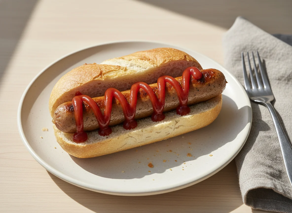 Wurst mit Brötchen und Ketchup photo