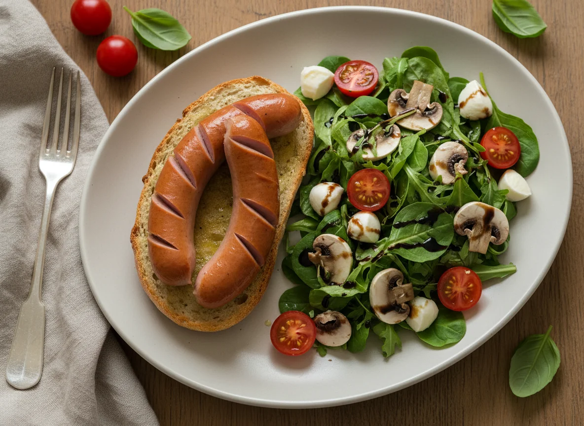 Wurst mit Brötchen und Salat photo