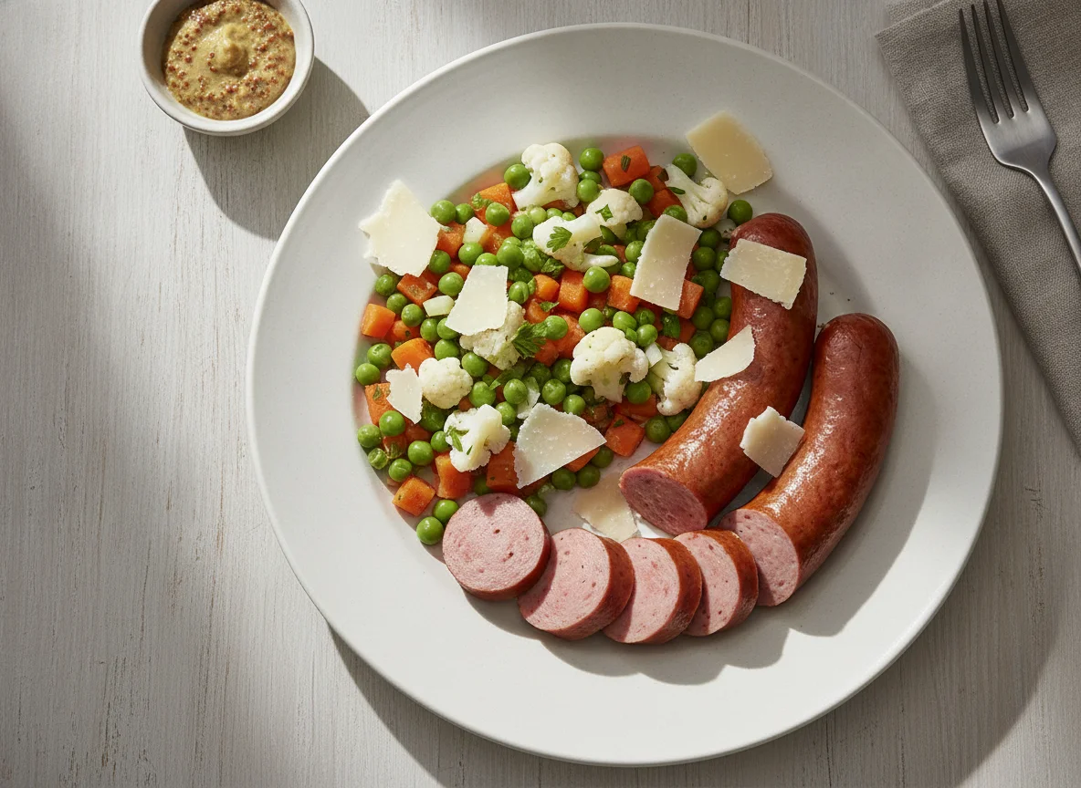 Wurst mit Erbsen-Gemüse und Käse photo