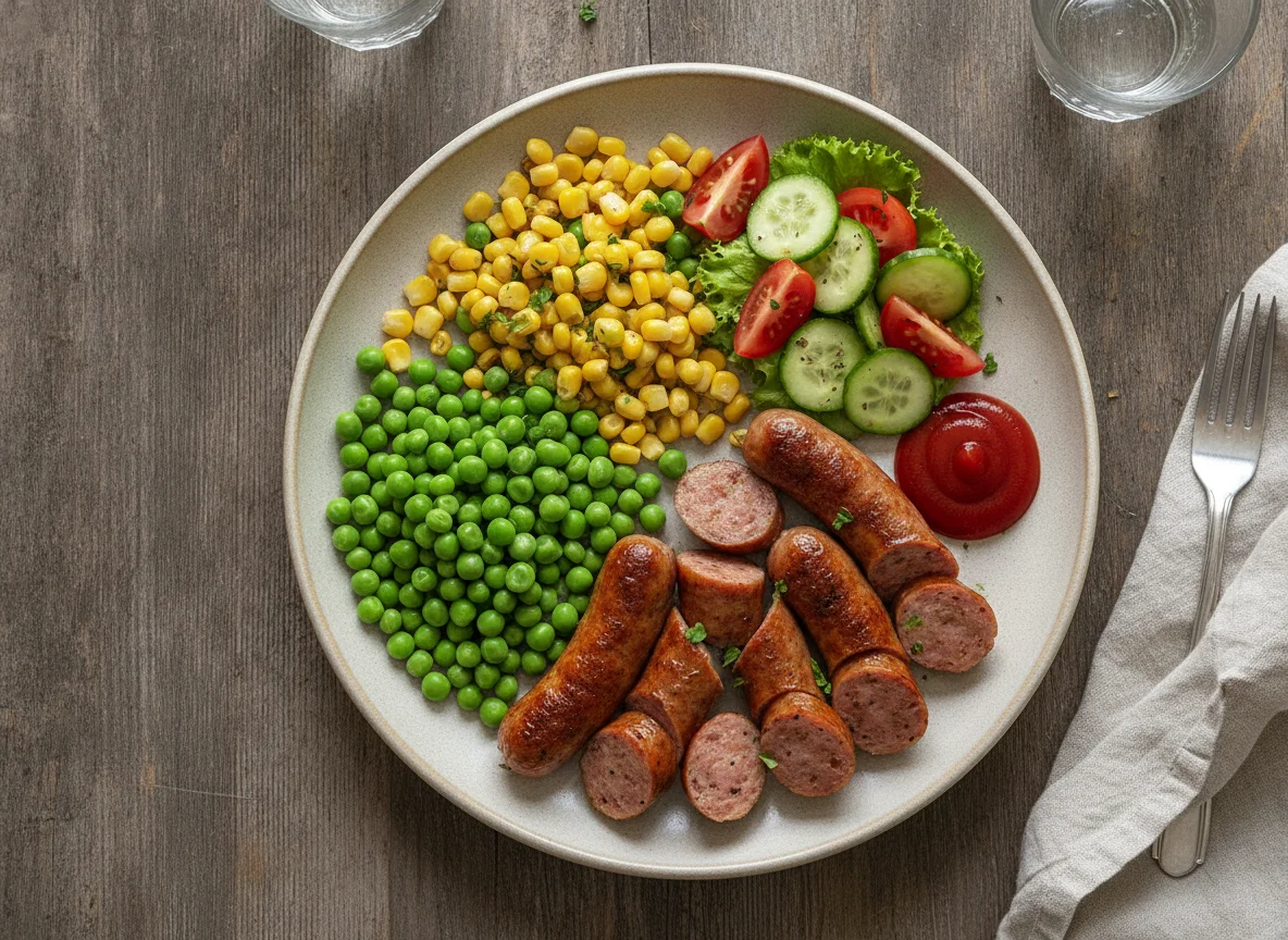 Wurst mit Erbsen-Mais-Gemüse und Salat photo