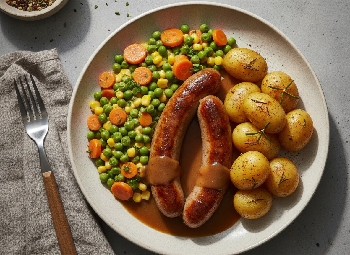 Wurst mit Erbsen-Möhren-Eintopf und Kartoffeln photo