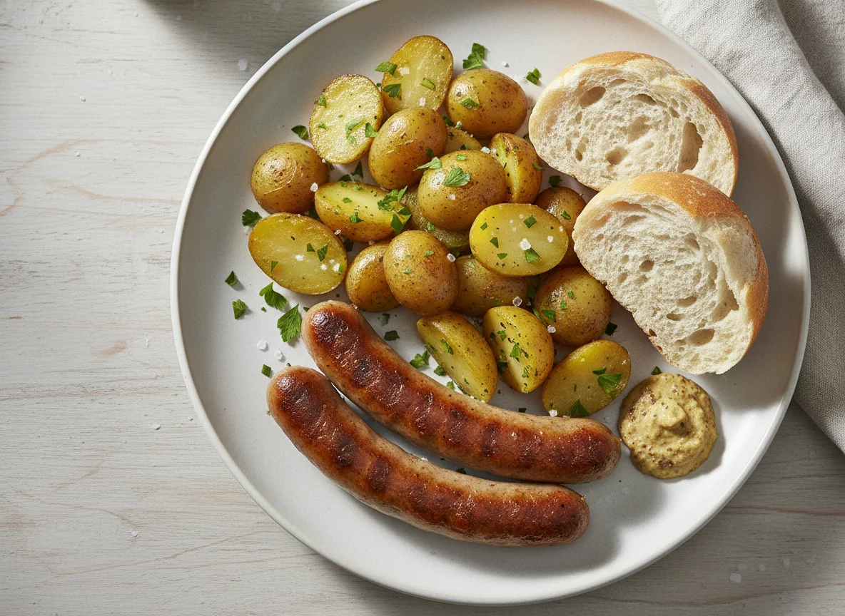 Wurst mit Kartoffeln und Brötchen photo