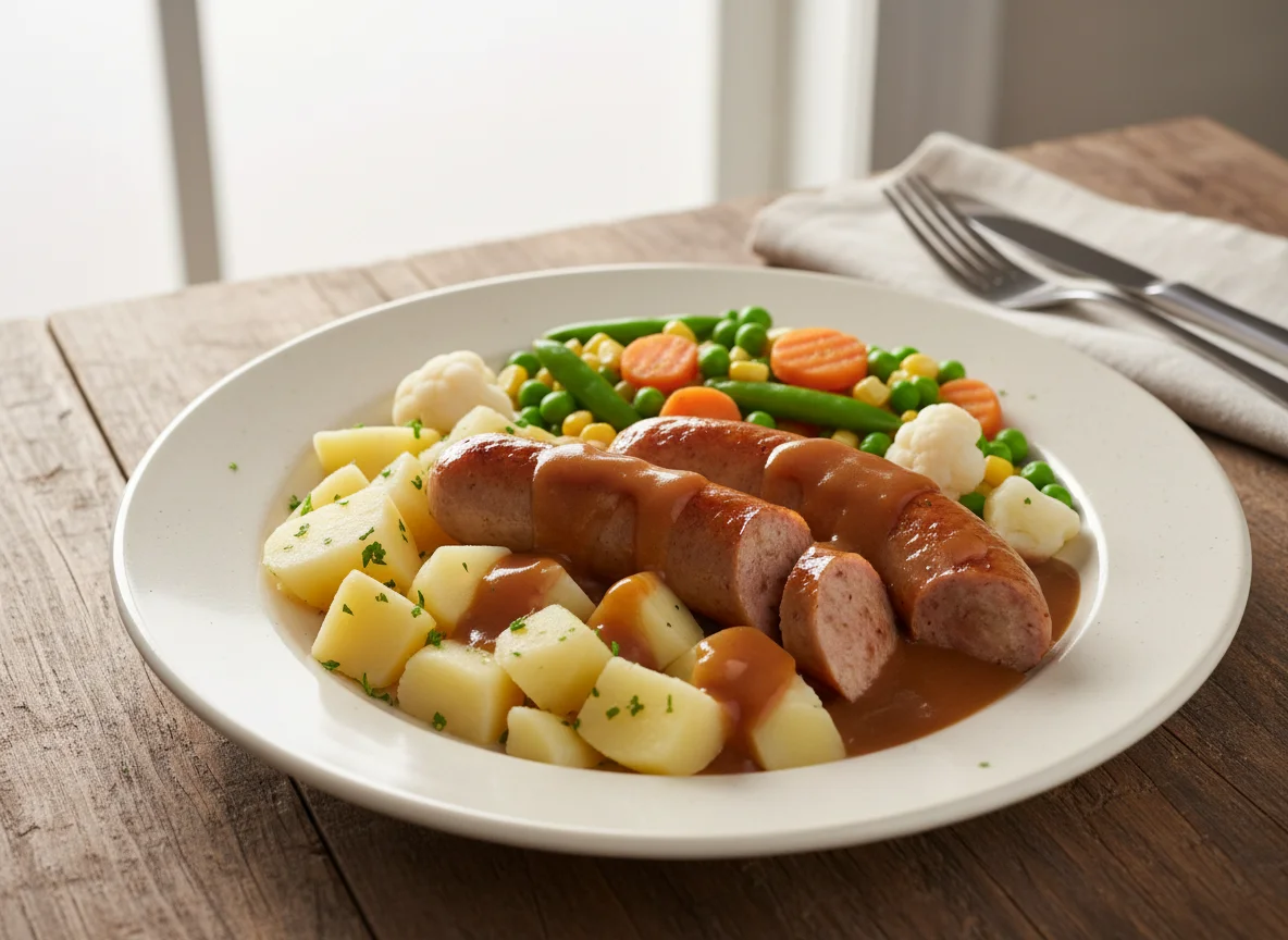 Wurst mit Kartoffeln und Gemüse photo