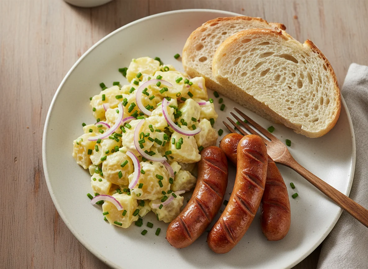 Wurst mit Kartoffelsalat und Brot photo