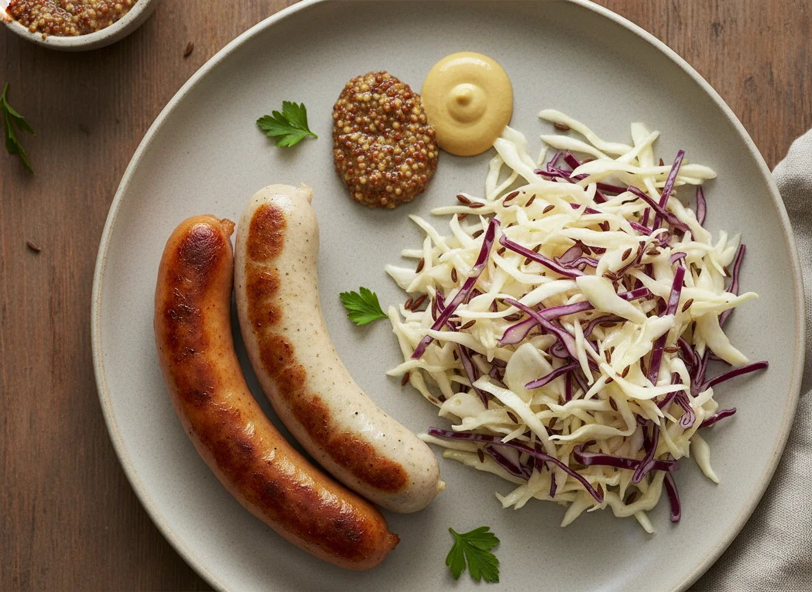 Wurst mit Krautsalat und Senf photo