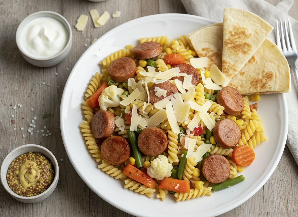 Wurst mit Nudeln, Gemüse und Käse photo