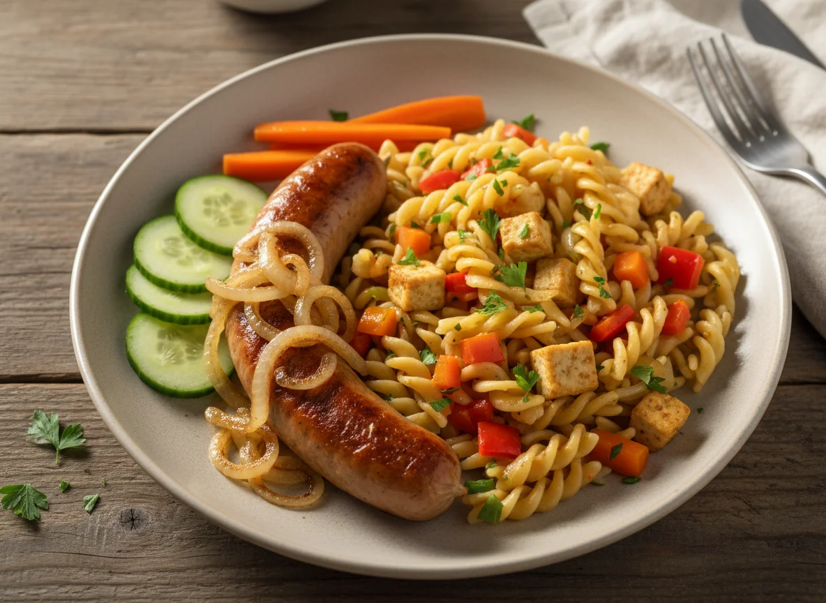 Wurst mit Nudeln und Gemüse photo