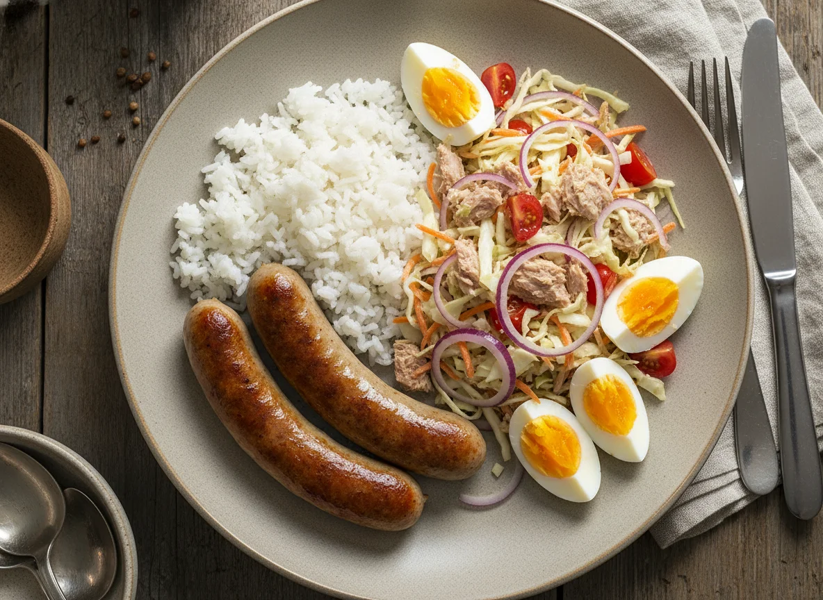 Wurst mit Reis und Thunfischsalat photo