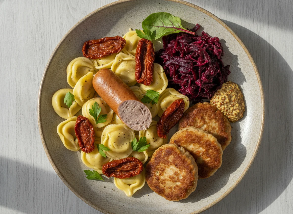 Wurst mit Tortellini, getrockneten Tomaten, Rote-Bete-Salat und Frikadellen photo