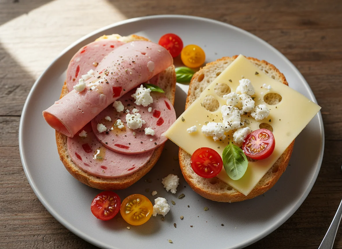 Wurst- und Käsebrot mit Feta und Tomaten photo