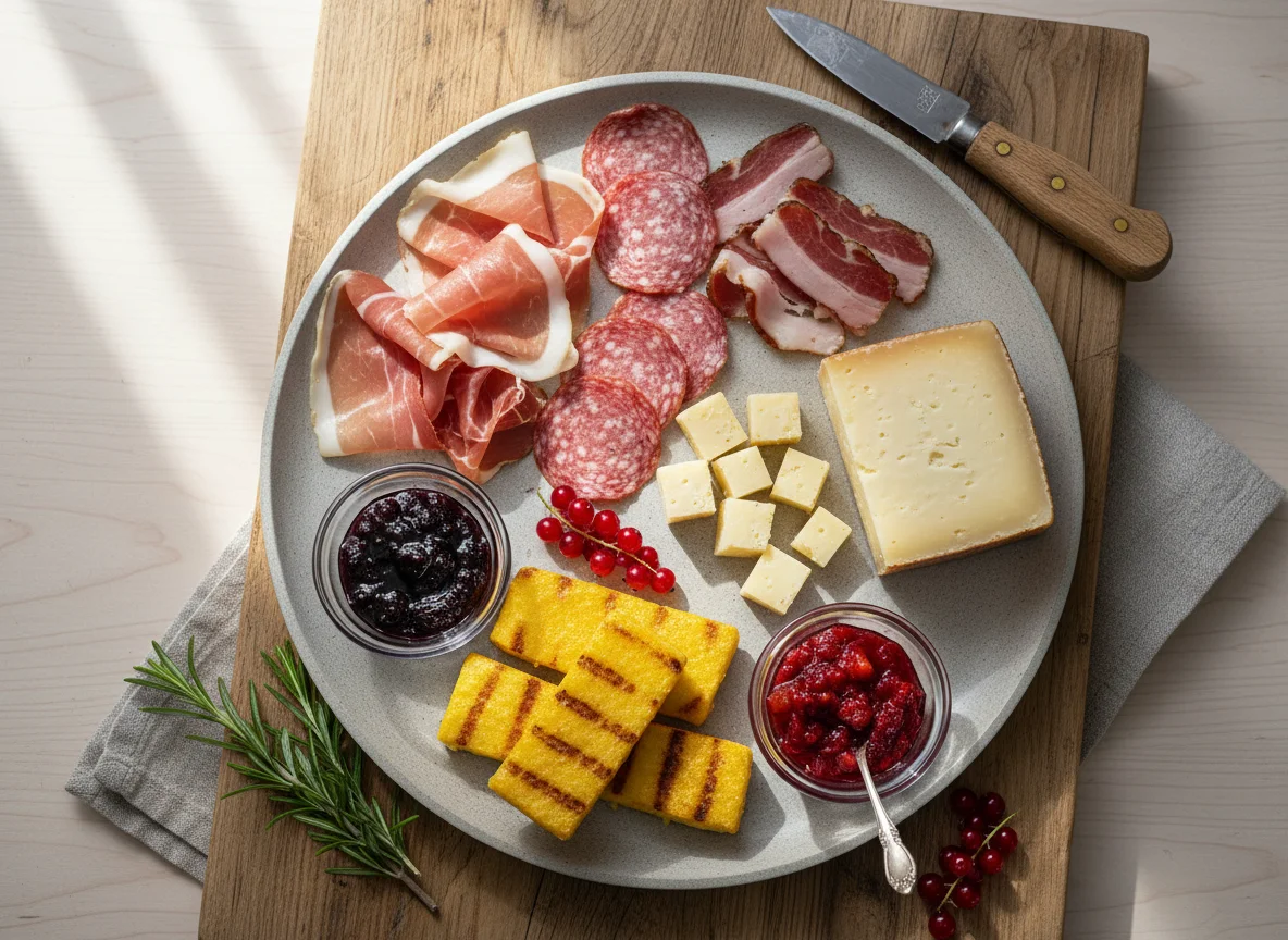 Wurst- und Käseplatte mit Beilagen photo