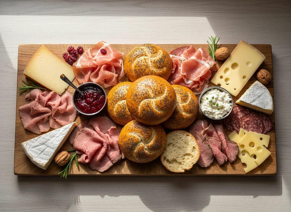 Wurst- und Käseplatte mit Gebäck photo