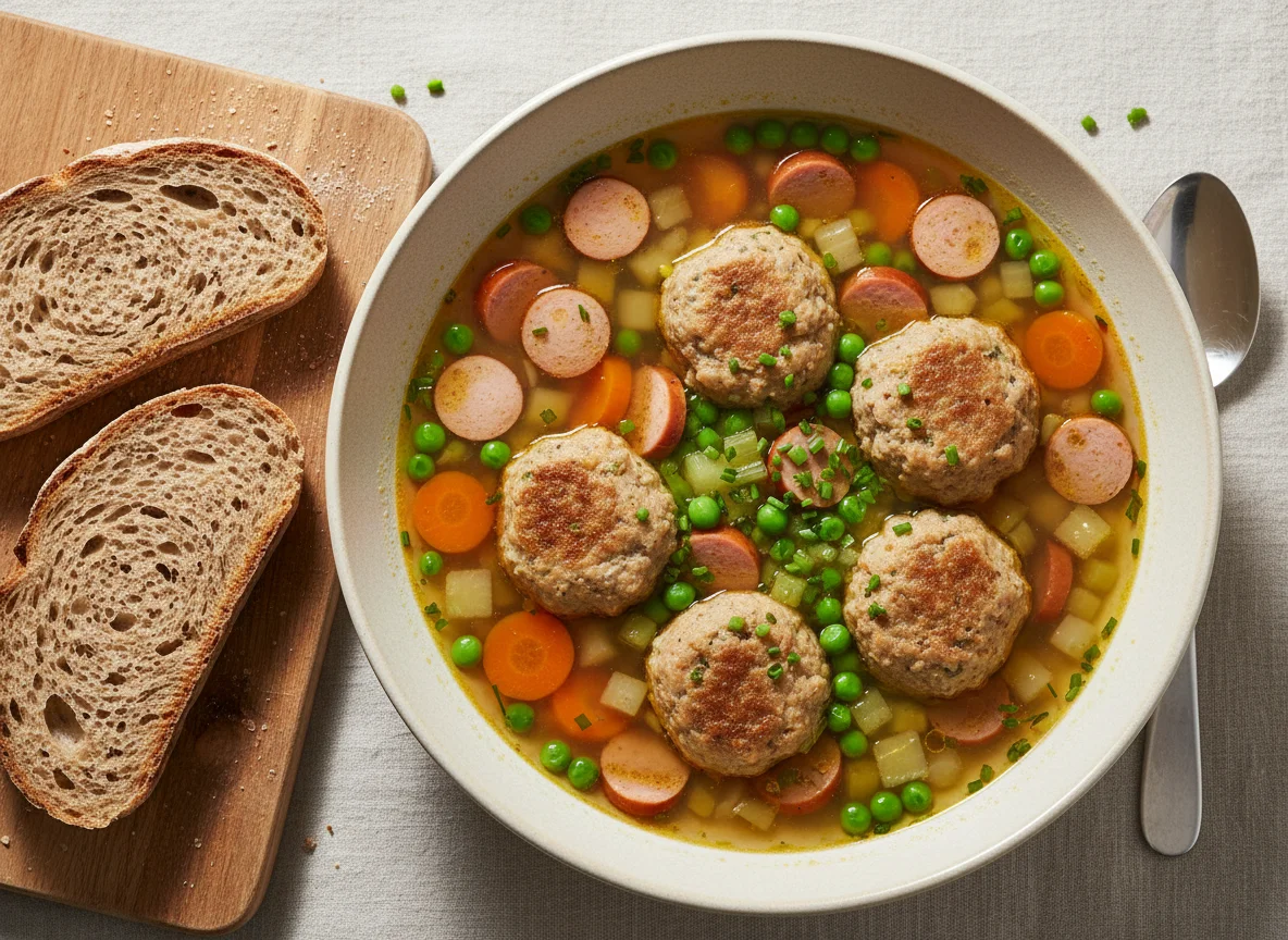Wurst- und Knödelsuppe mit Brot photo