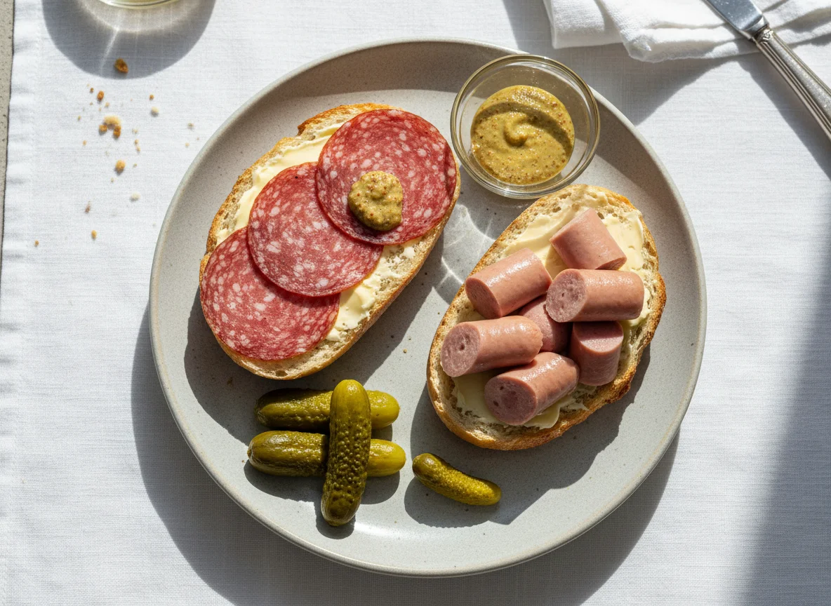 Wurstbrot mit Beilagen photo