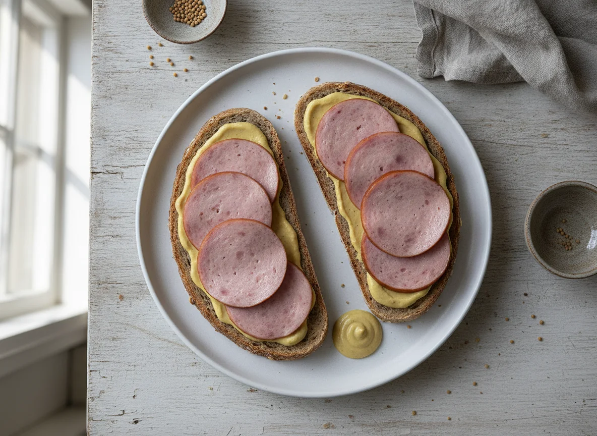 Wurstbrot mit Senf photo