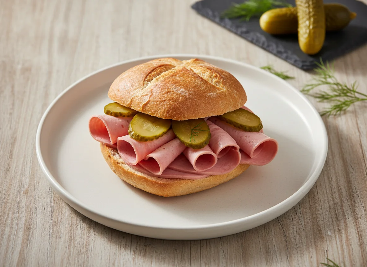 Wurstbrötchen mit Gewürzgurke photo