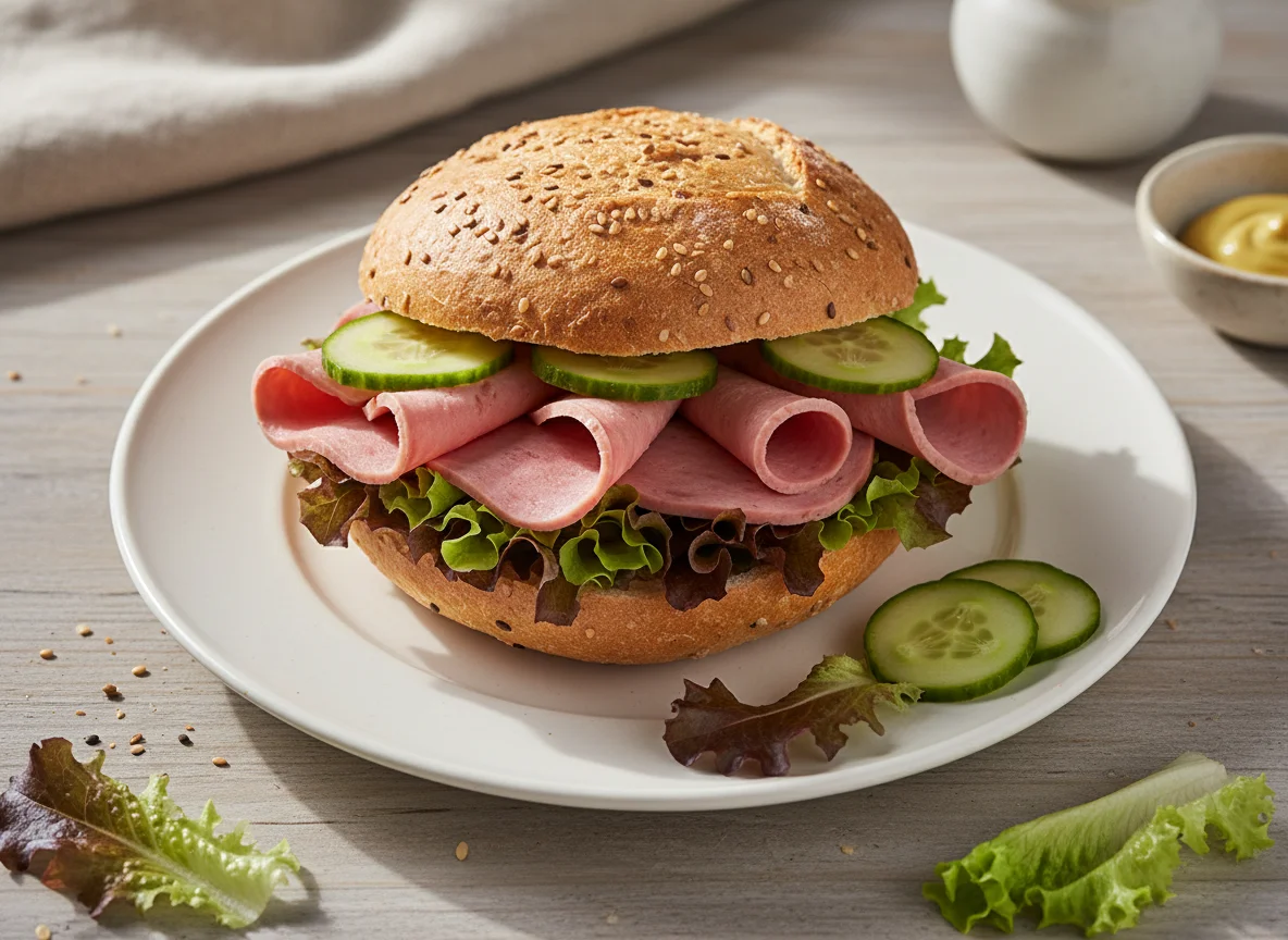 Wurstbrötchen mit Salat und Gurke photo