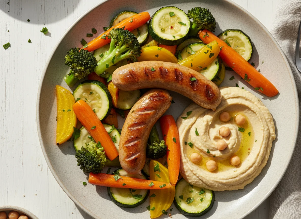 Würstchen mit Gemüse und Hummus photo