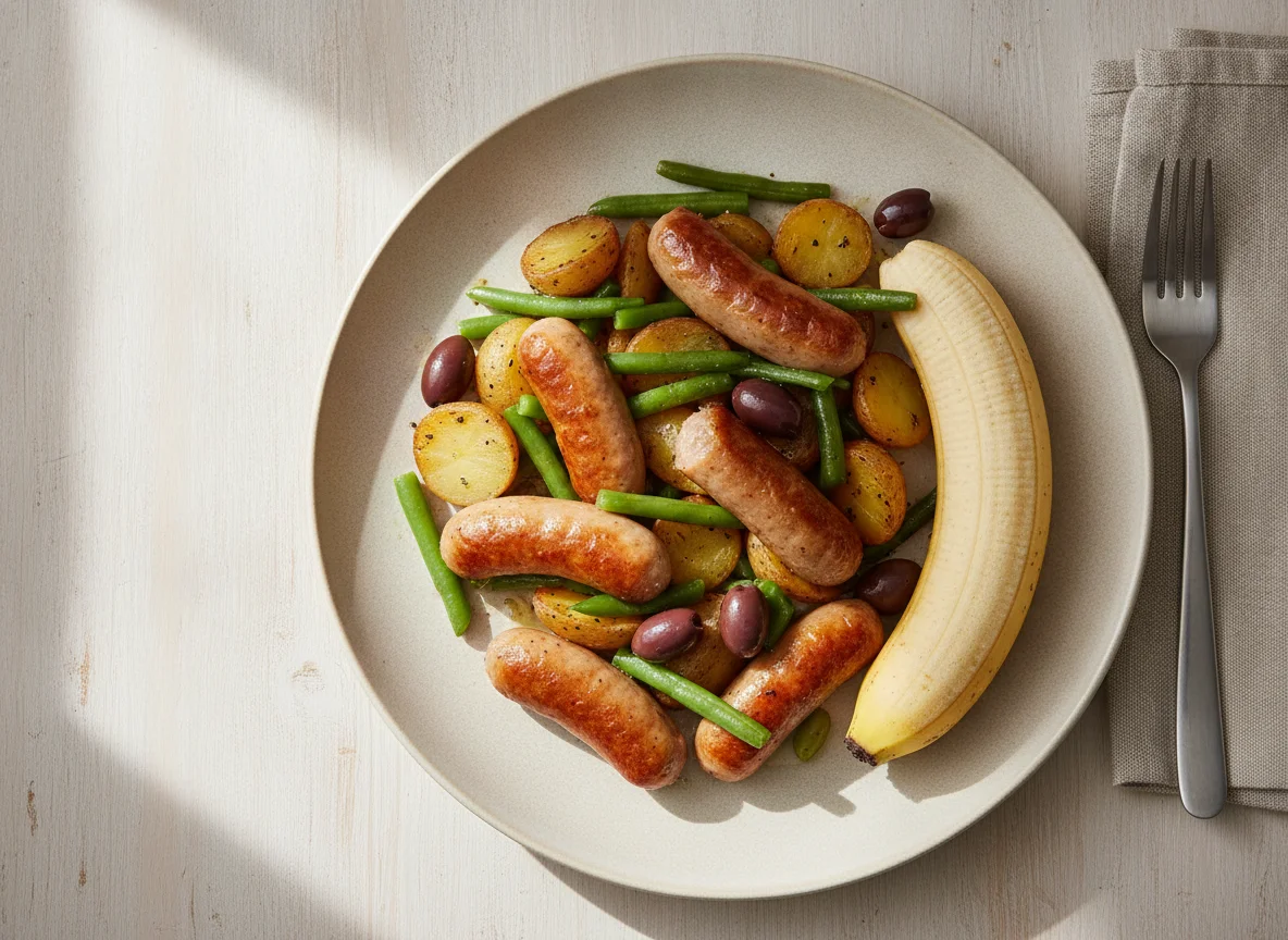 Würstchen mit Kartoffelgemüse und Banane photo