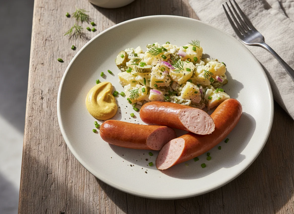 Würstchen mit Kartoffelsalat und Senf photo