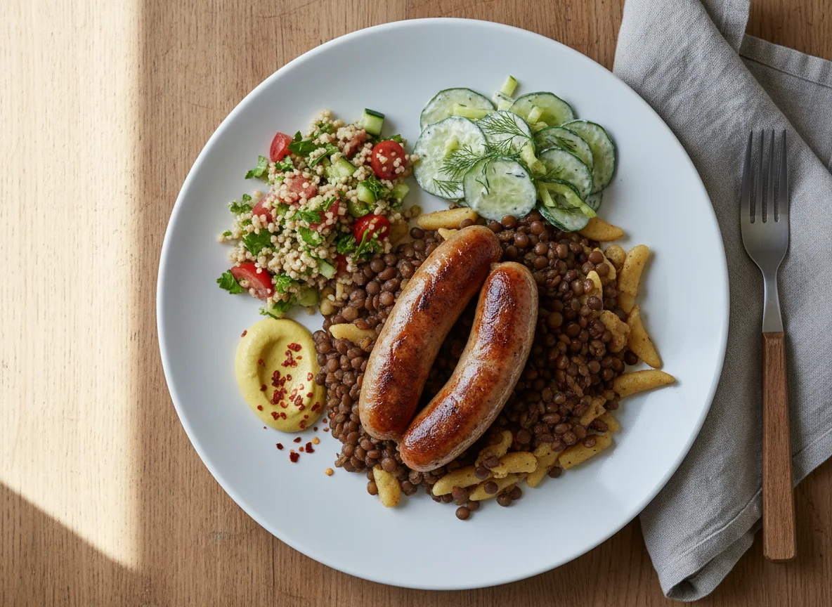 Würstchen mit Linsen, Spätzle und Salat photo