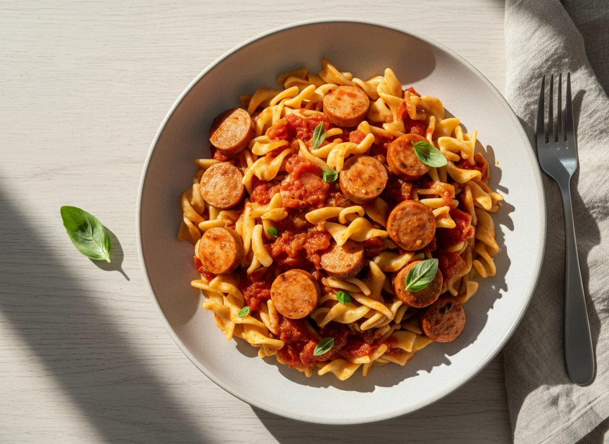 Würstchen mit Nudeln und Tomatensauce photo