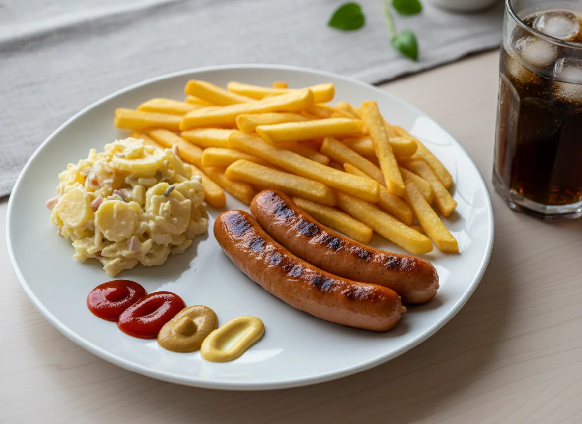 Würstchen mit Pommes Frites und Kartoffelsalat photo