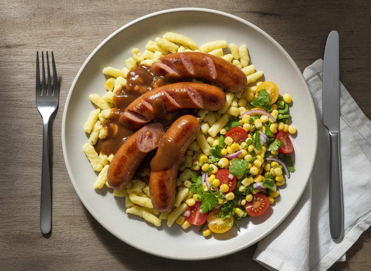 Würstchen mit Spätzli und Maissalat photo