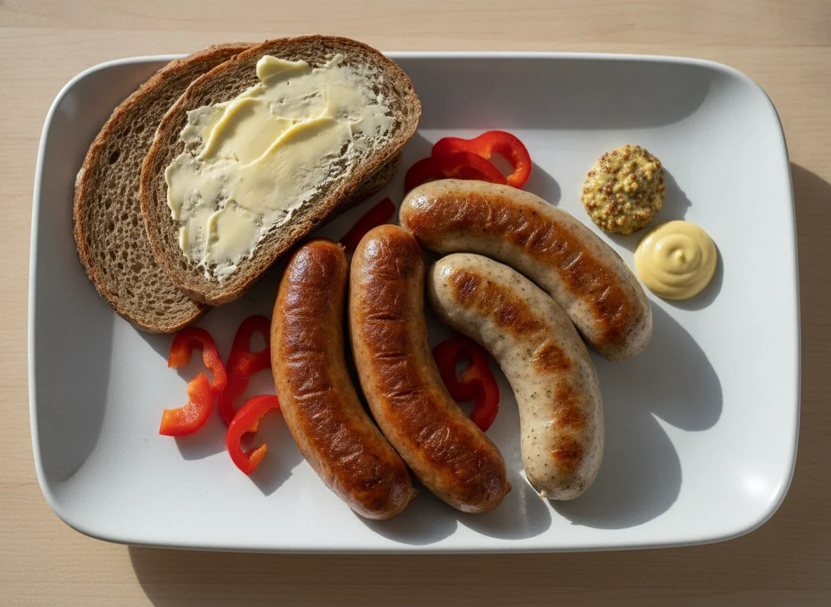 Würstel mit Brot, Paprika und Senf photo