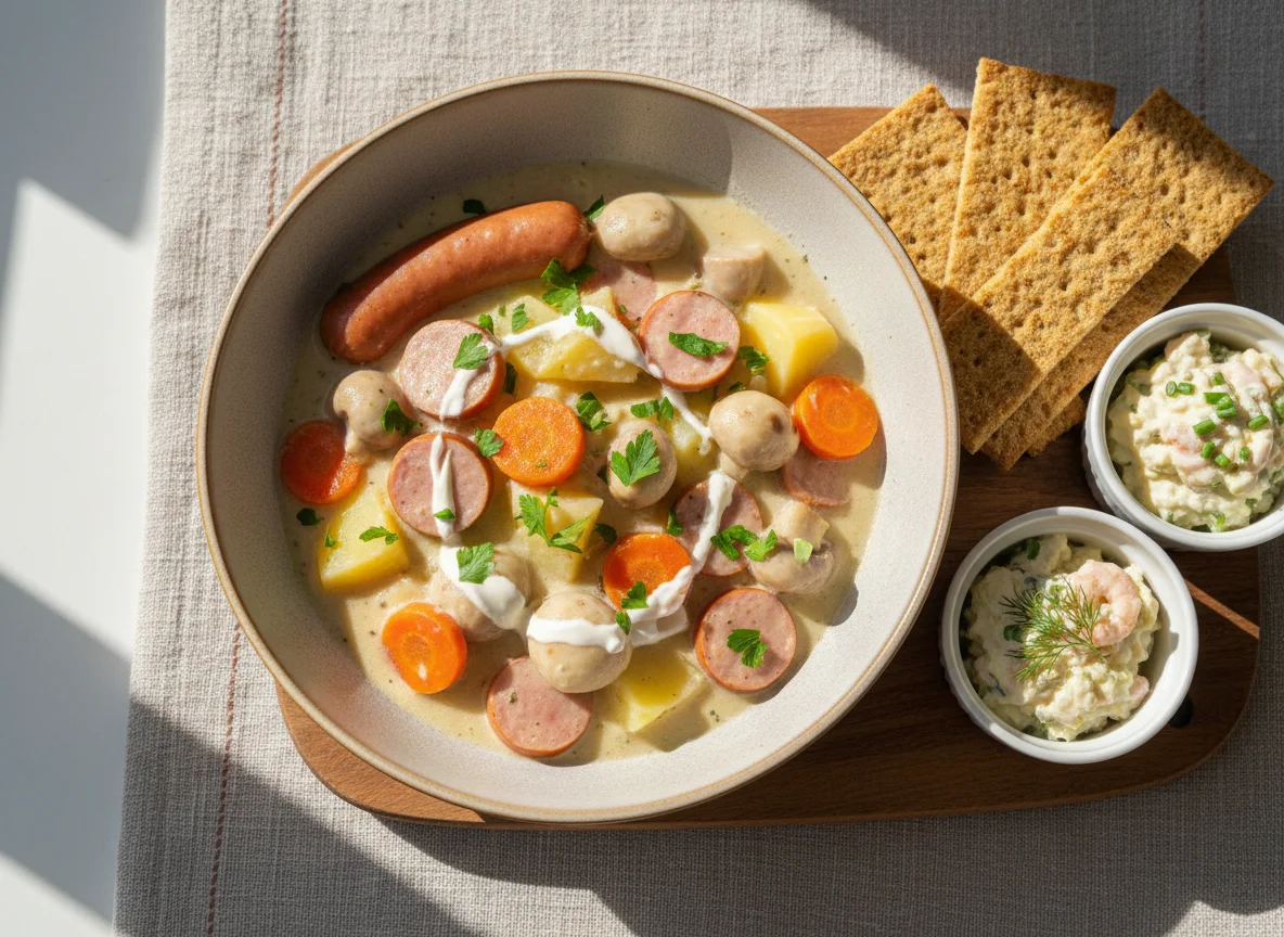 Wurst-Gemüse-Eintopf mit Knäckebrot photo