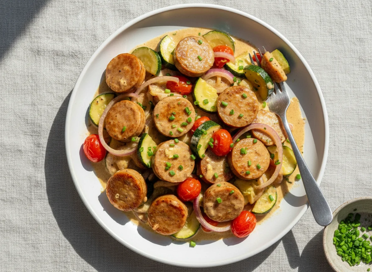 Wurst-Gemüse-Pfanne mit cremiger Sauce photo