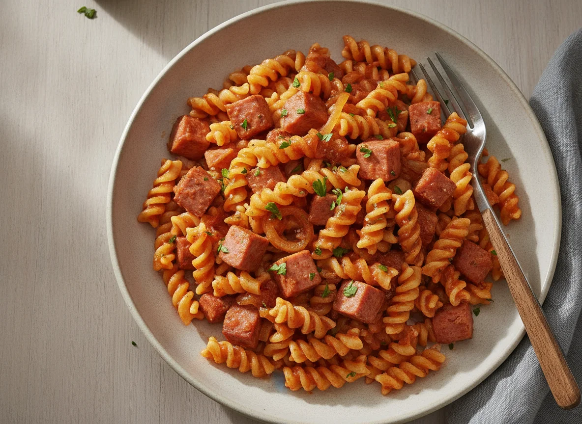 Wurstgulasch mit Fusilli photo