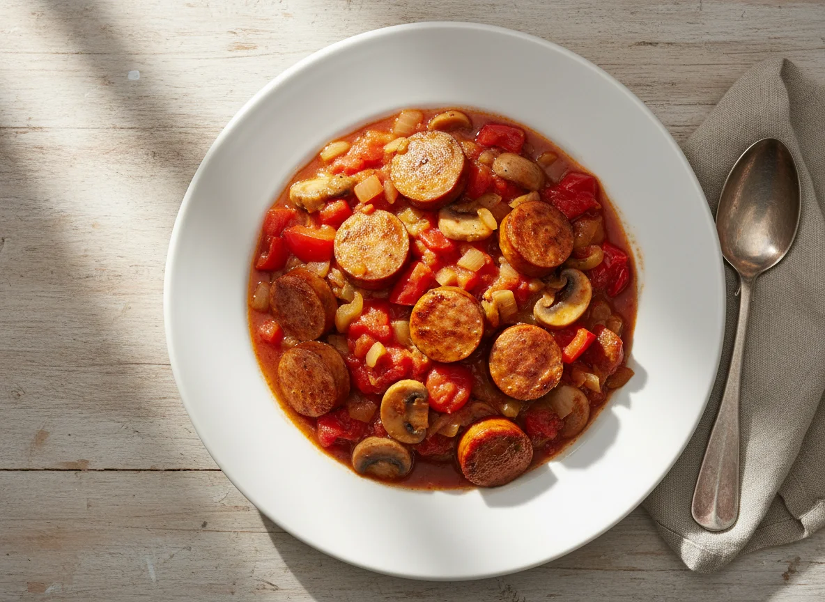 Wurstgulasch mit Paprika und Pilzen photo