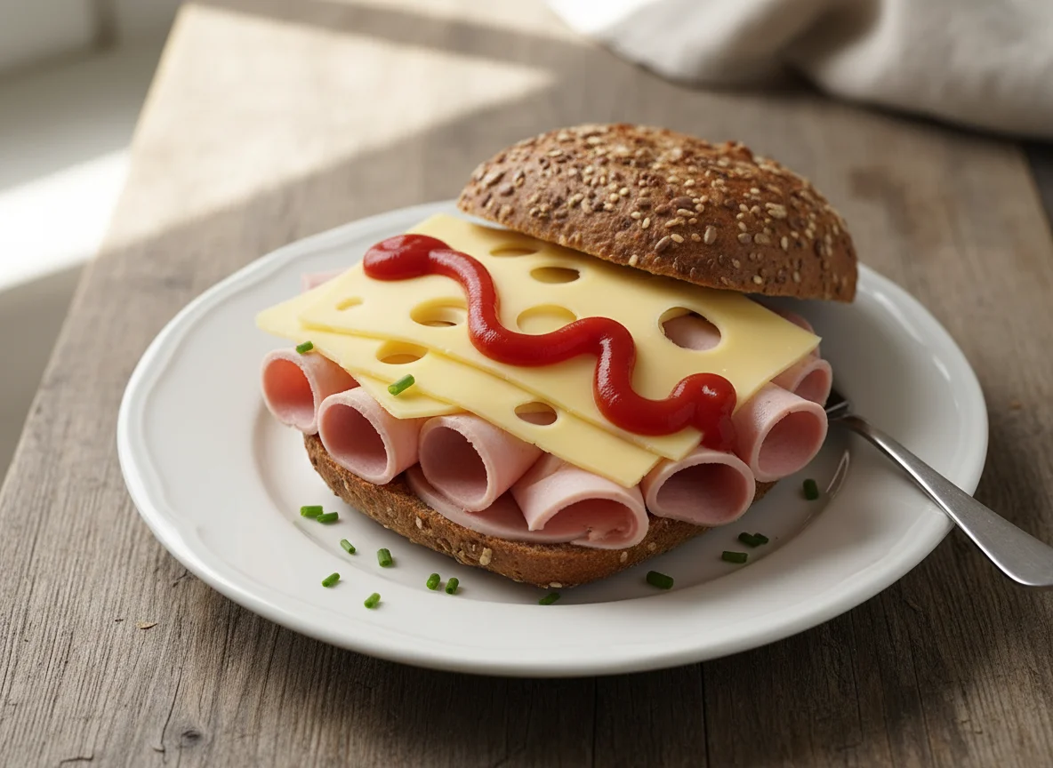 Wurst-Käse-Brötchen mit Ketchup photo