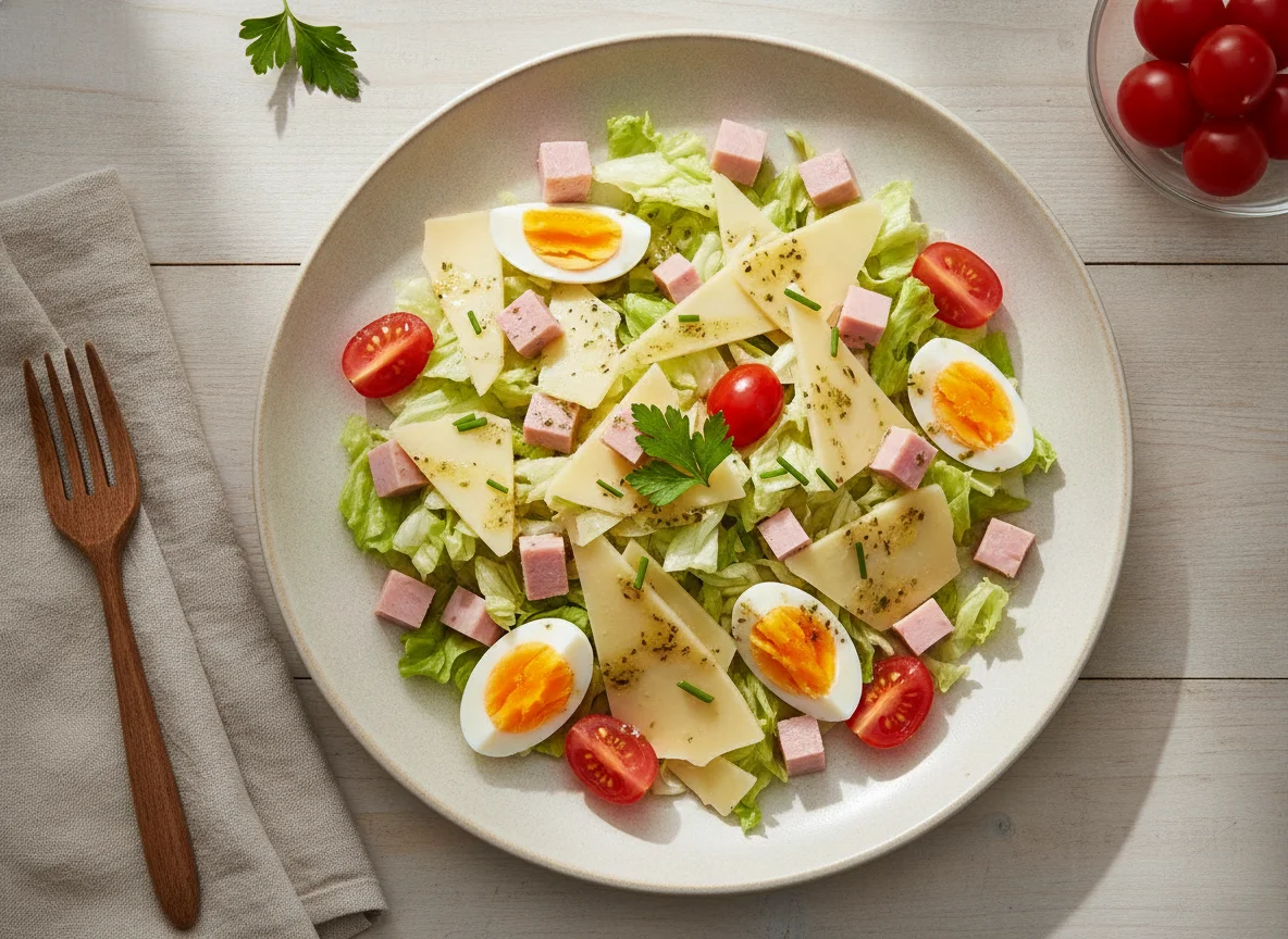 Wurst-Käse-Salat garniert photo