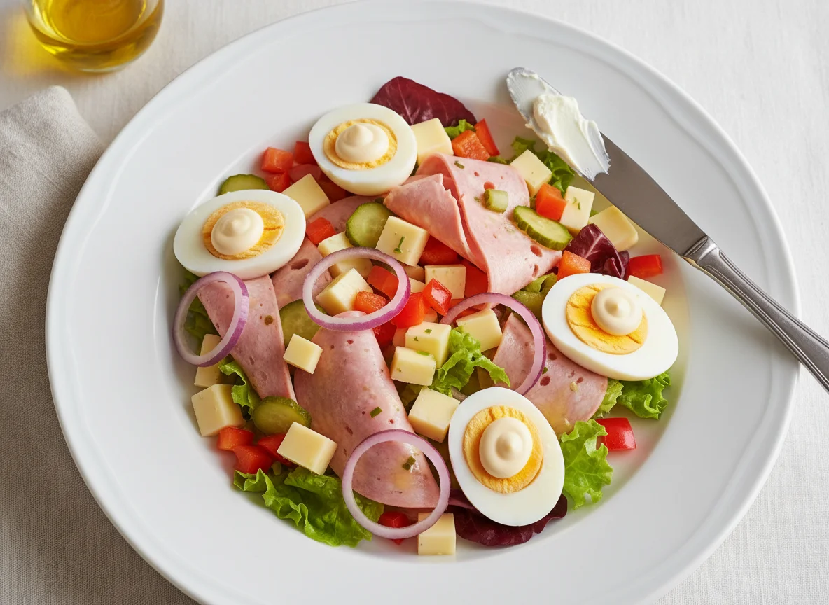 Wurst-Käse-Salat mit Ei photo