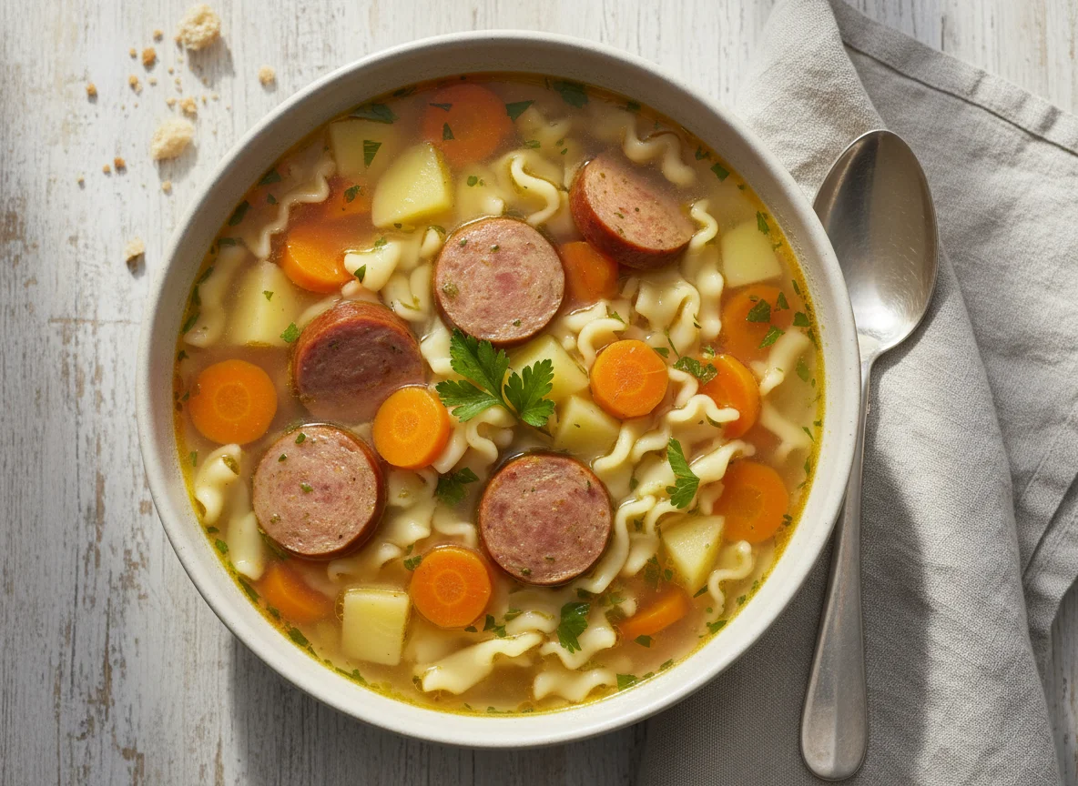 Wurst-Nudelsuppe mit Gemüse photo