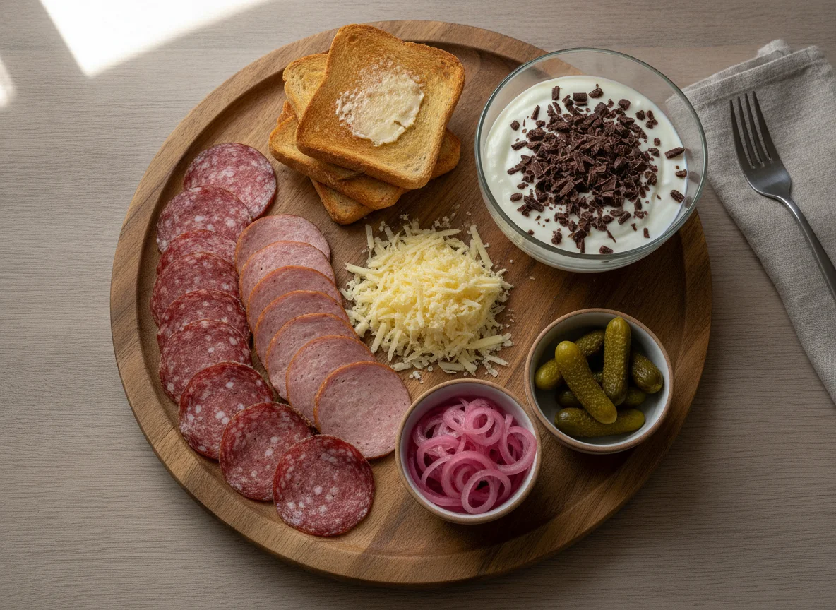 Wurstplatte mit Brot und Joghurt photo