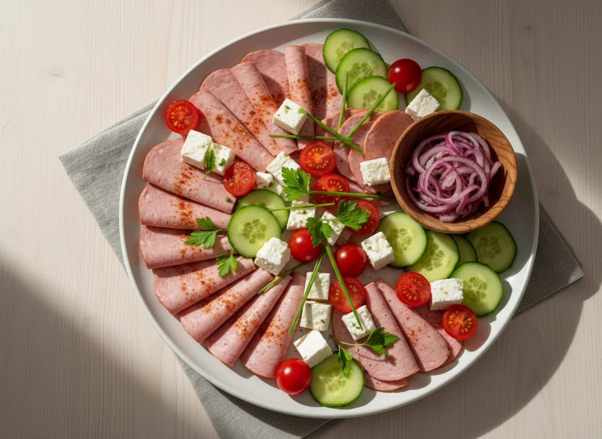 Wurstplatte mit Gemüse und Käse photo