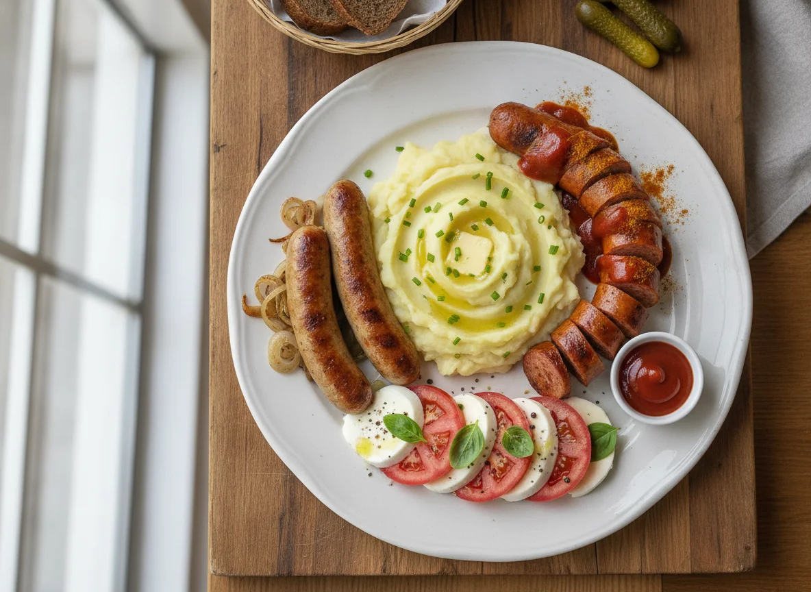 Wurstplatte mit Kartoffelbrei und Tomate-Mozzarella photo
