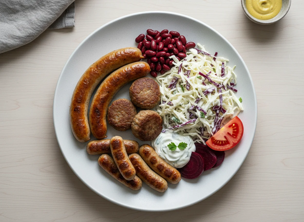 Wurstplatte mit Salat und Beilagen photo