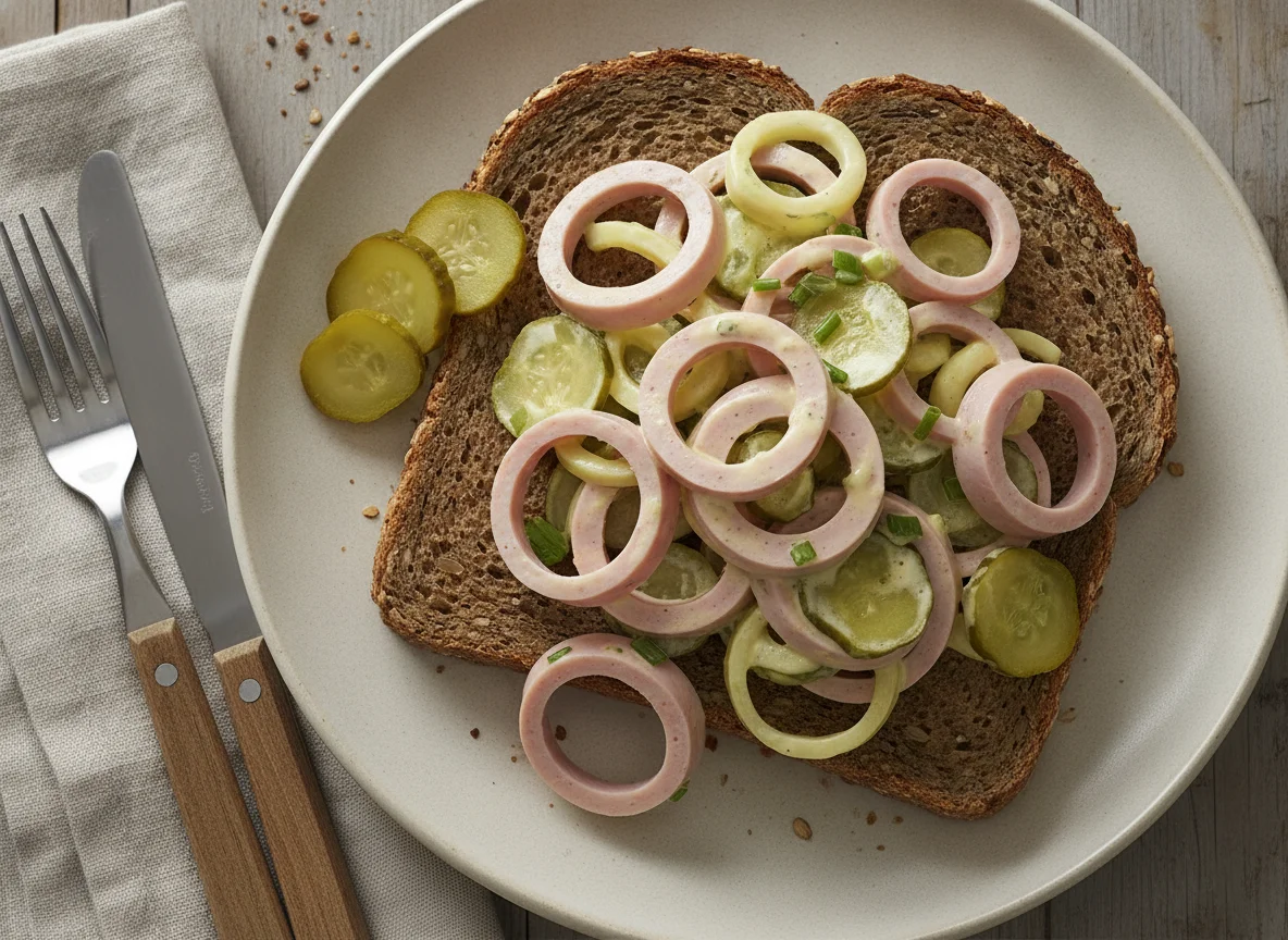 Wurstsalat auf Vollkornbrot photo