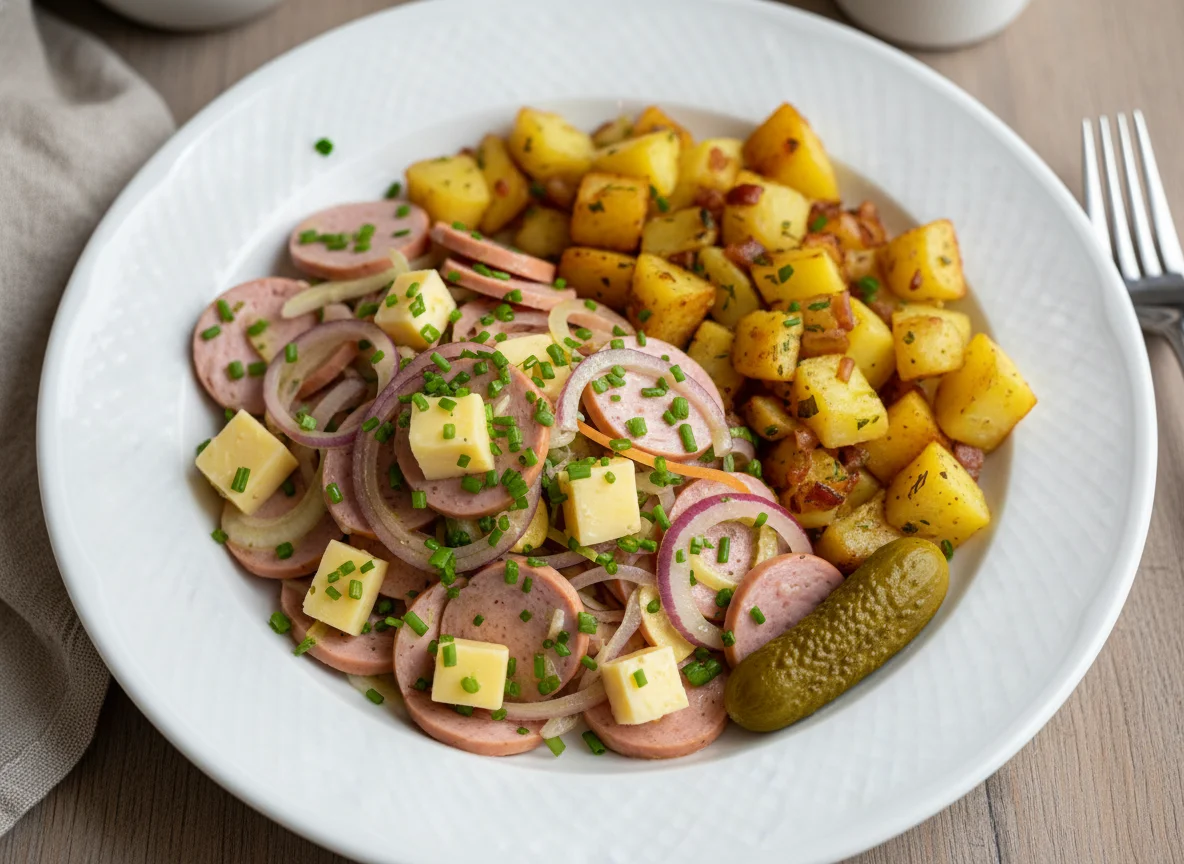 Wurstsalat mit Bratkartoffeln und Essiggurke photo