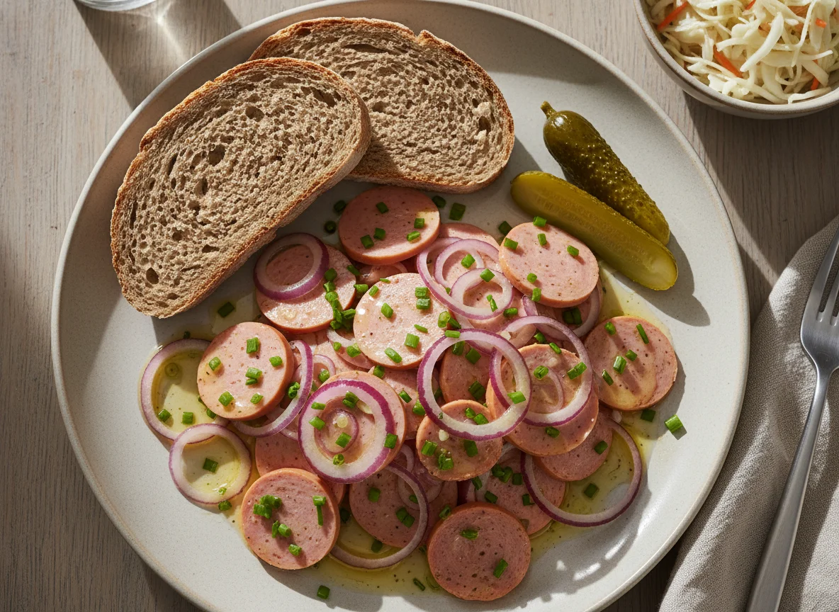 Wurstsalat mit Brot und Beilage photo