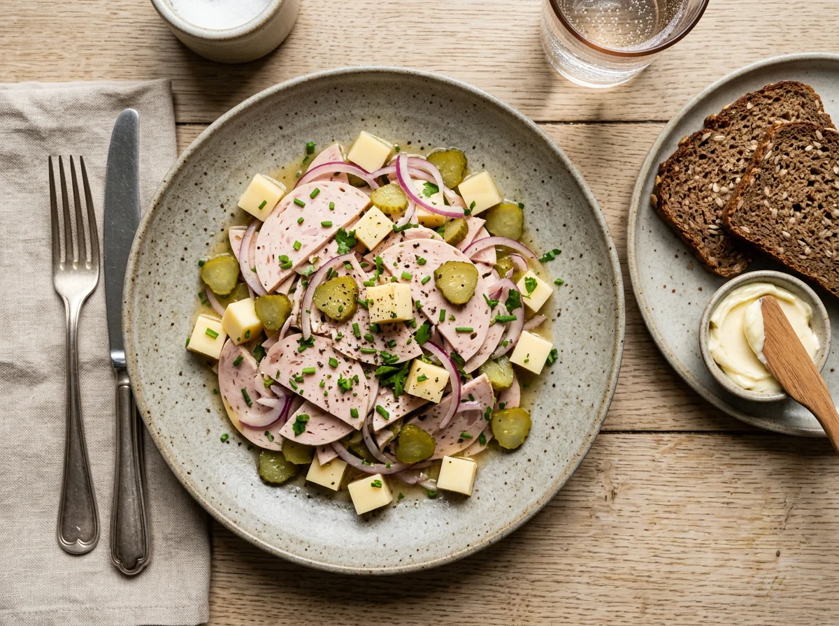 Wurstsalat mit Brot und Butter photo