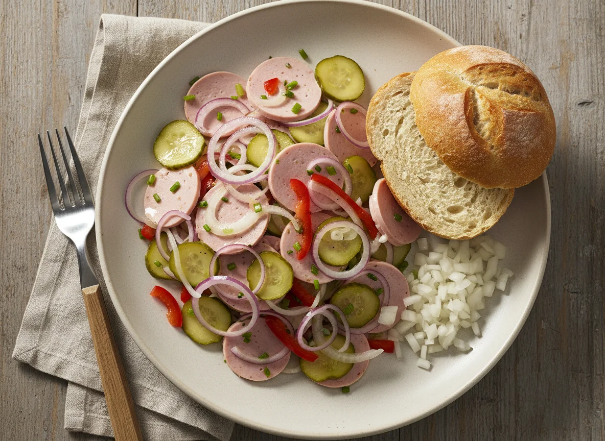 Wurstsalat mit Brötchen und Zwiebeln photo