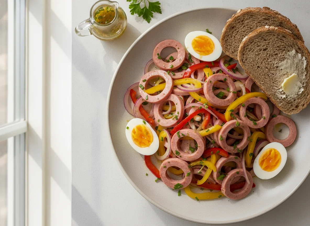 Wurstsalat mit Ei und Brot photo